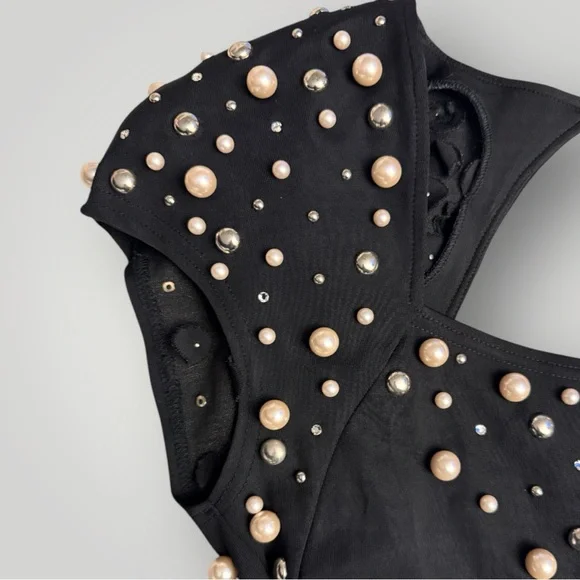 Vintage 1980s Eletra Casadei Pearl & Rhinestone Mini Black Dress -  Size Medium - Picture 6 of 10